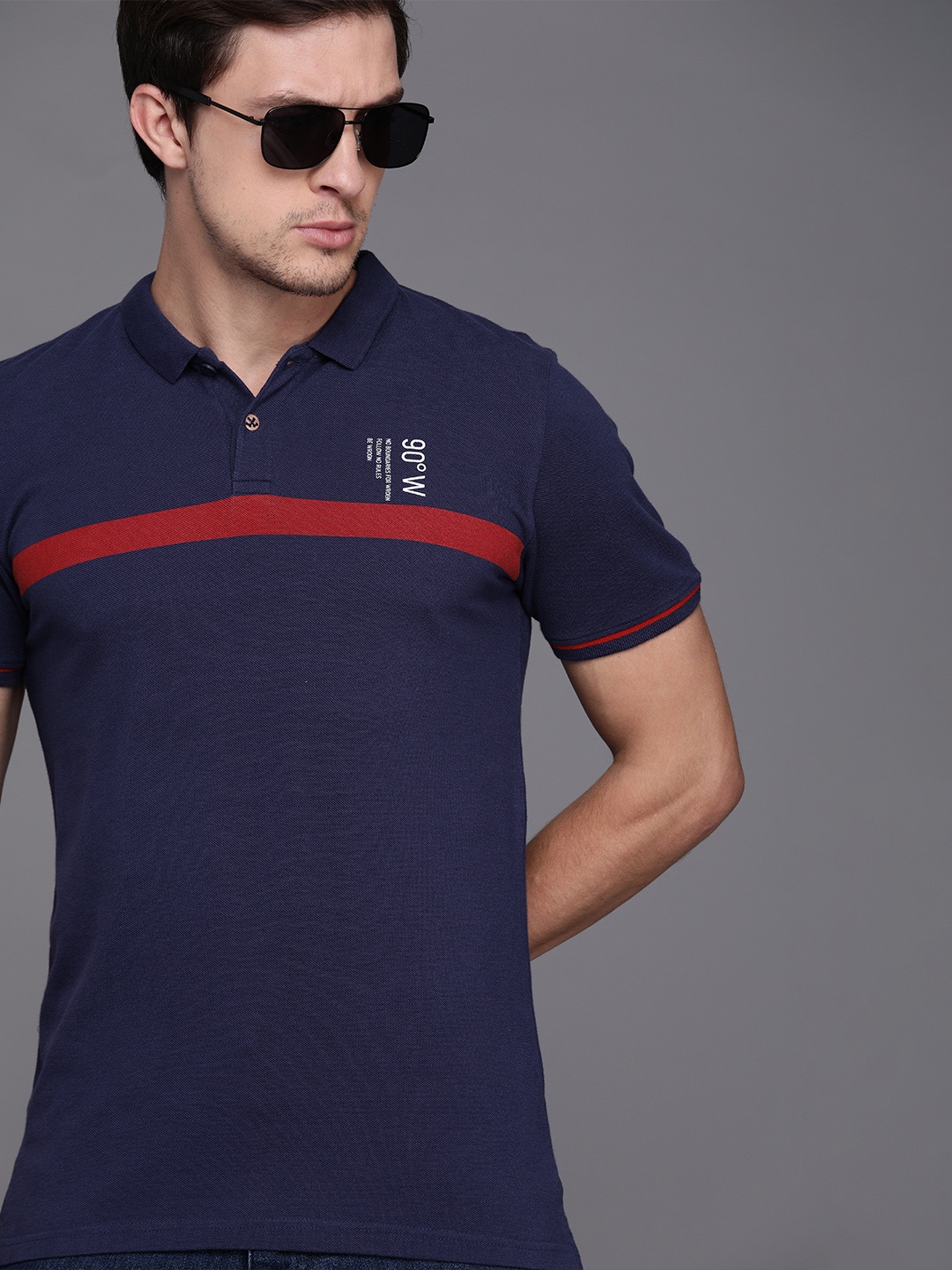 

WROGN Men Navy Blue Red Striped Slim Fit Polo Collar Pure Cotton T-shirt