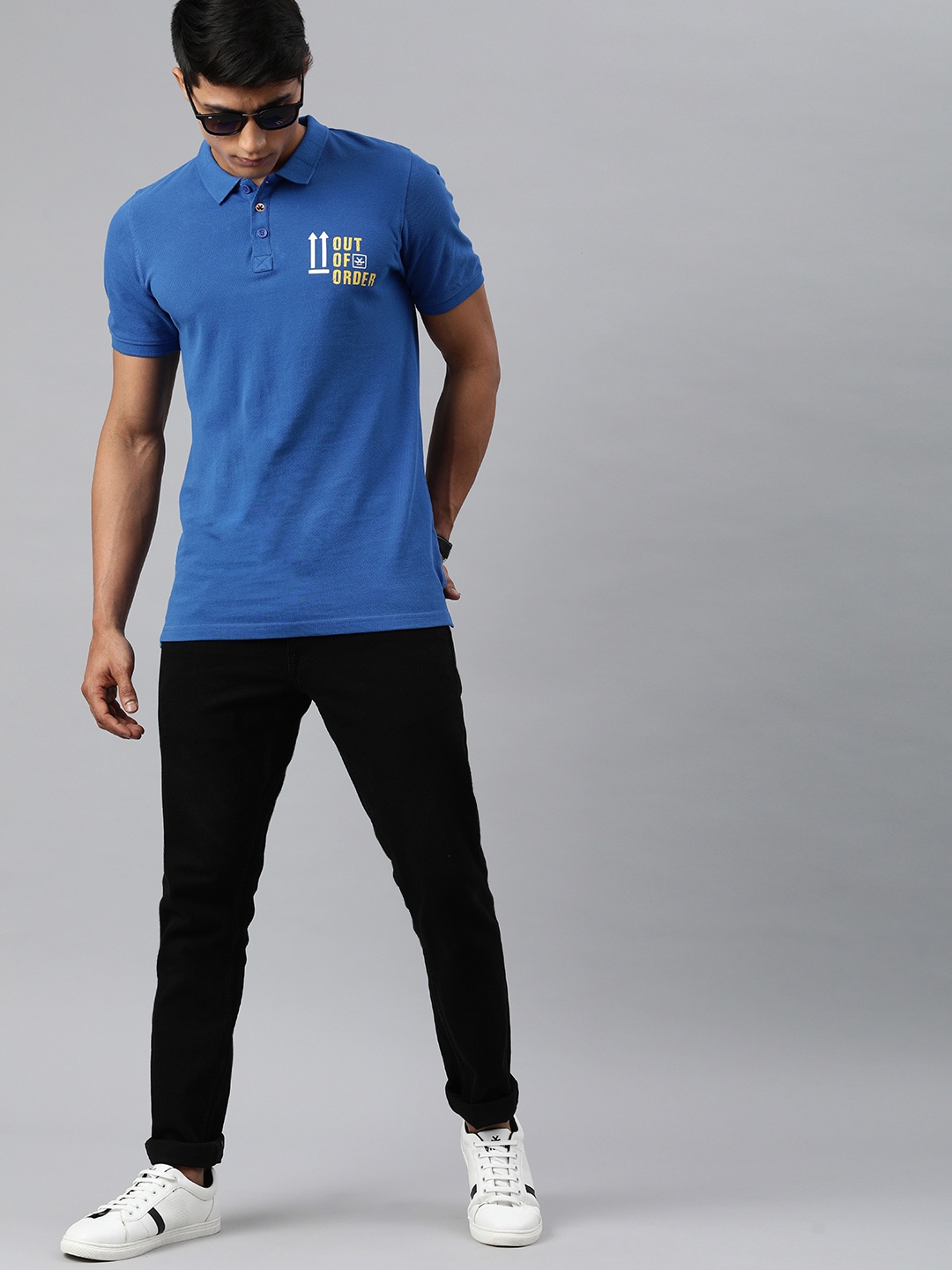 

WROGN Men Blue Printed Polo Collar Pure Cotton T-shirt