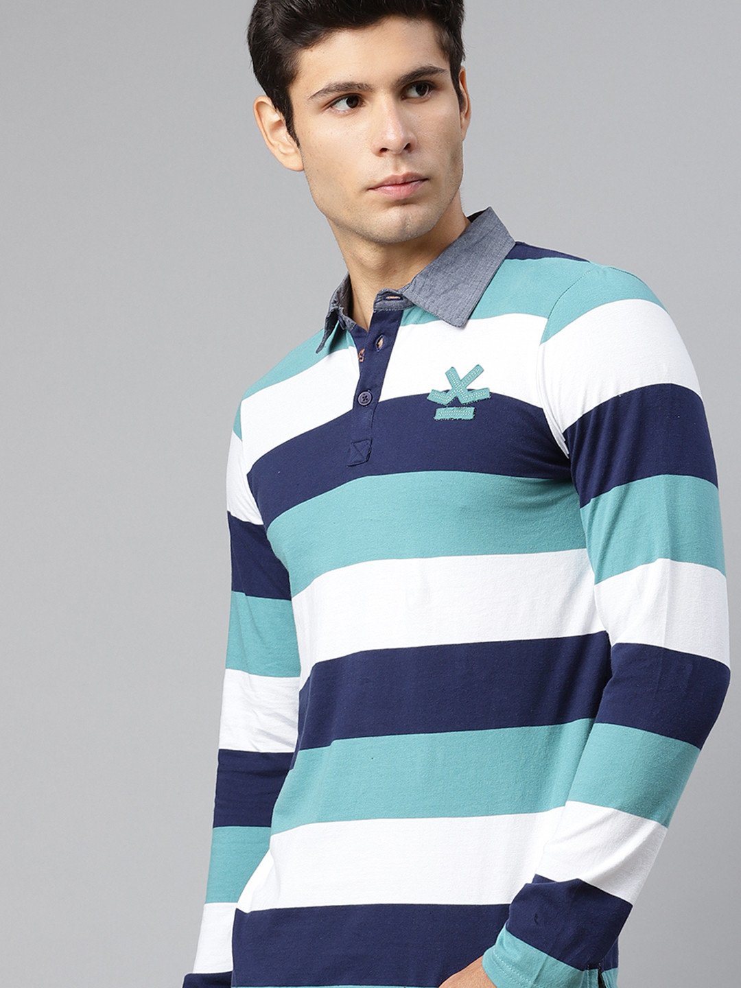 

WROGN Men Blue White Striped Pure Cotton Polo Collar Pure Cotton T-shirt