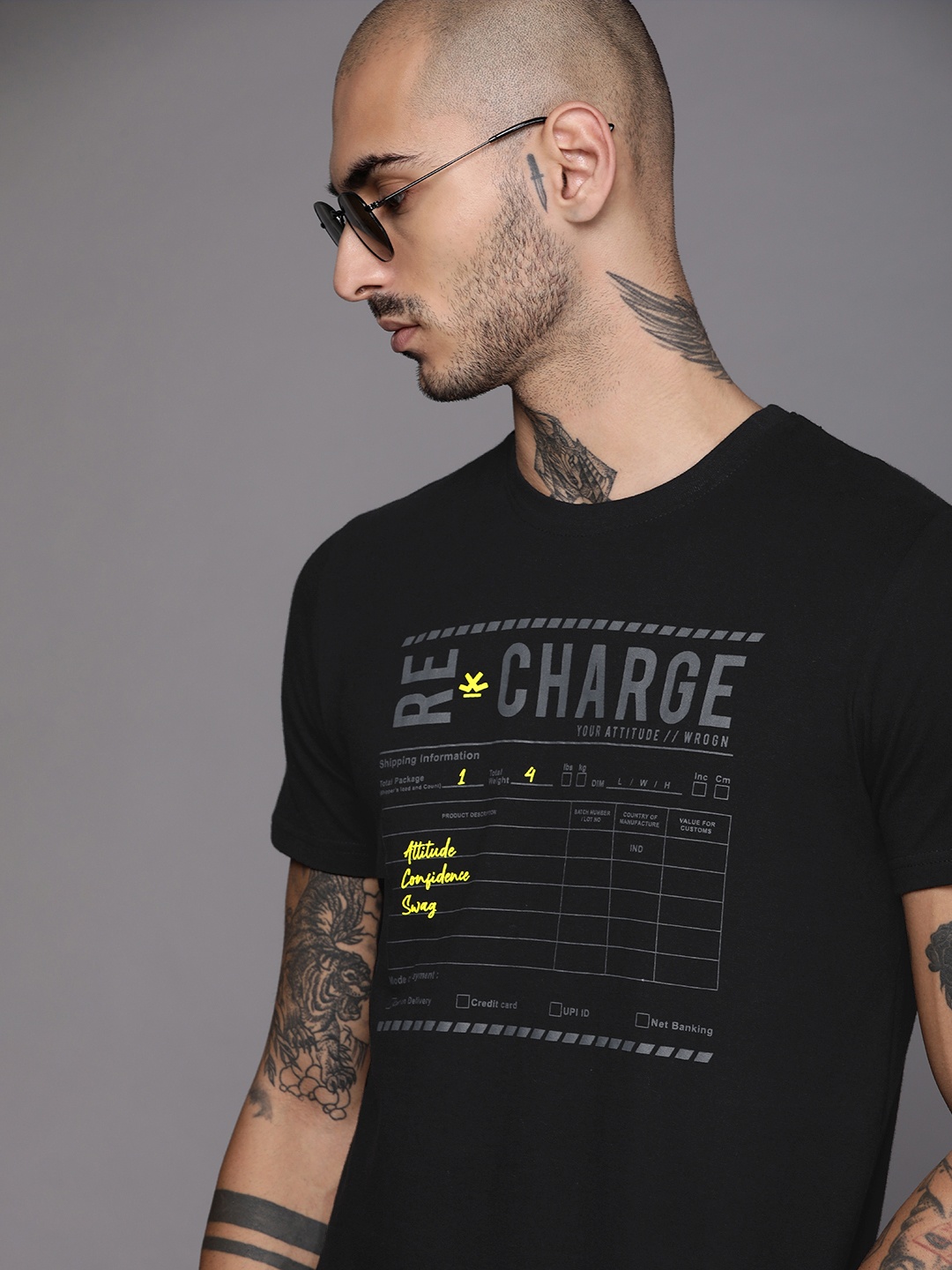 

WROGN Men Black Grey Typography Printed Slim Fit Pure Cotton T-shirt
