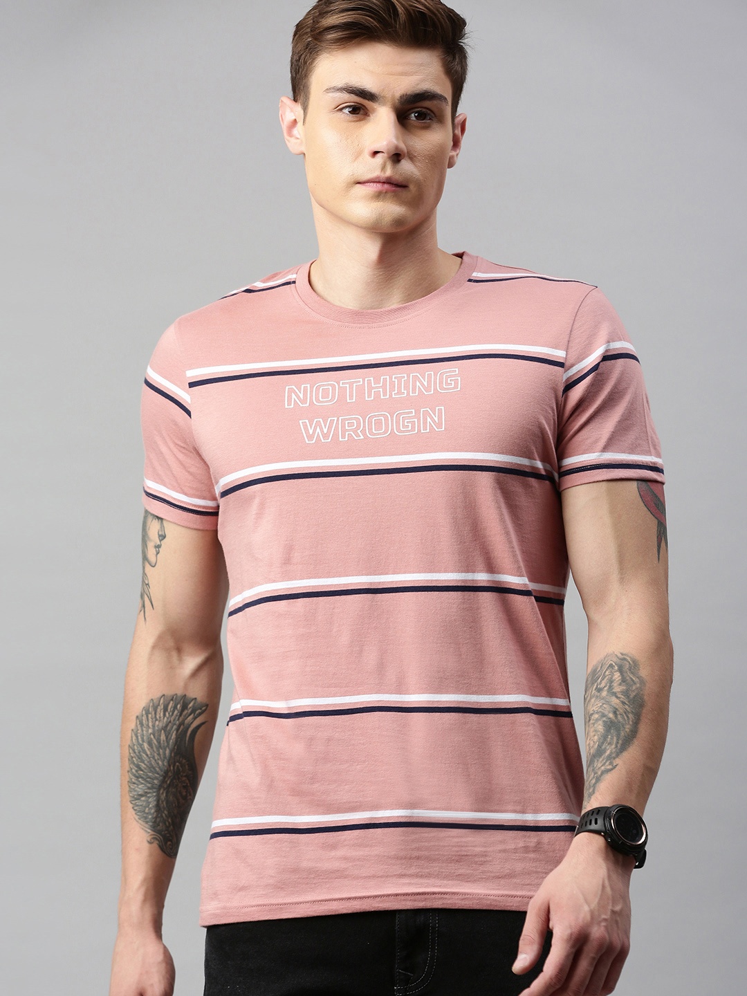 

WROGN Men Pink White Slim Fit Striped Round Neck Pure Cotton T-shirt with Typography PrinteDetail