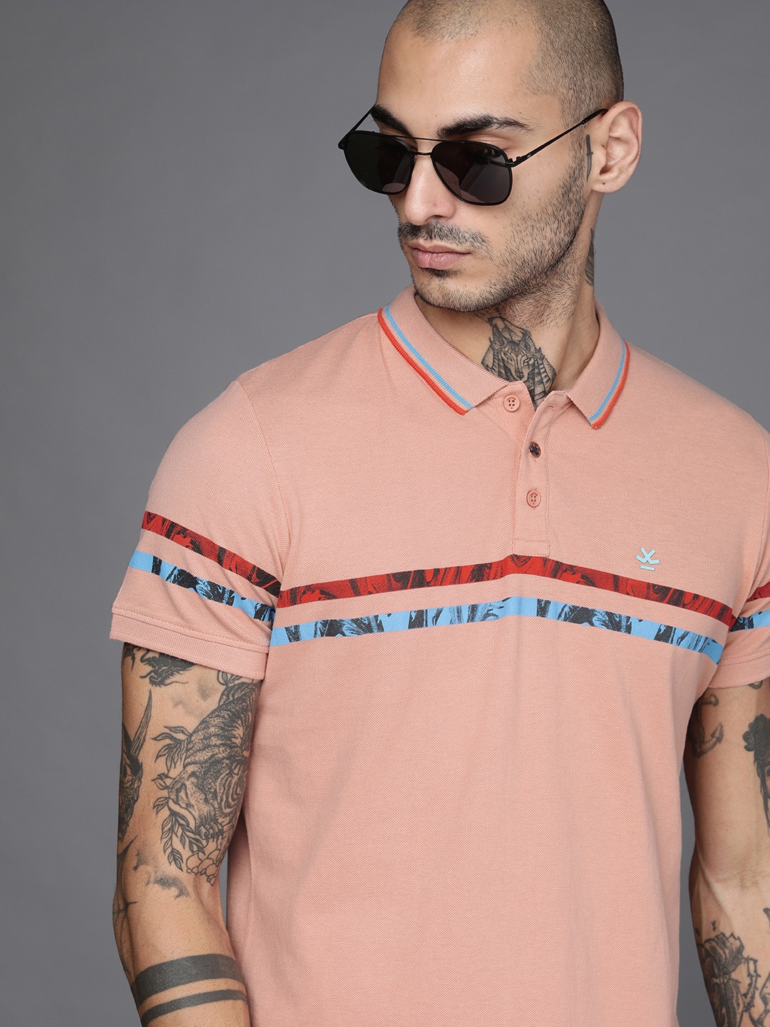 

WROGN Men Peach-Coloured Solid Polo Collar Pure Cotton T-shirt