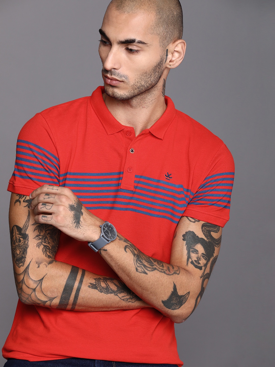 

WROGN Men Red Navy Blue Striped Polo Collar Pure Cotton T-shirt