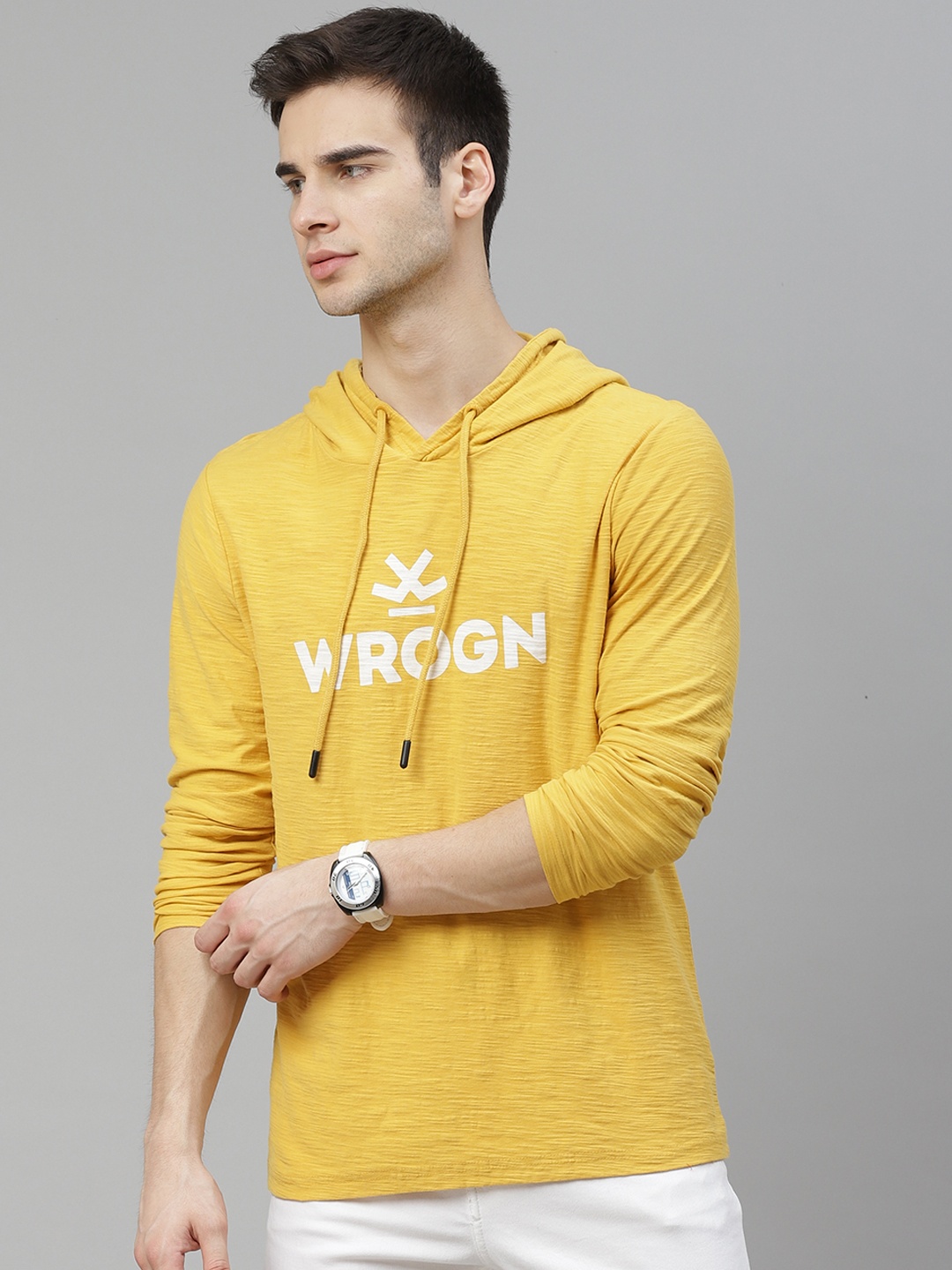 

WROGN Men Mustard Yellow White Cotton Slim Fit Brand Logo Print Hooded Pure Cotton T-shirt