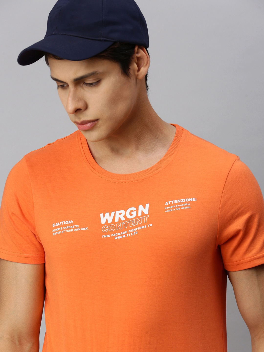 

WROGN Men Orange Typography Printed Slim Fit T-shirt