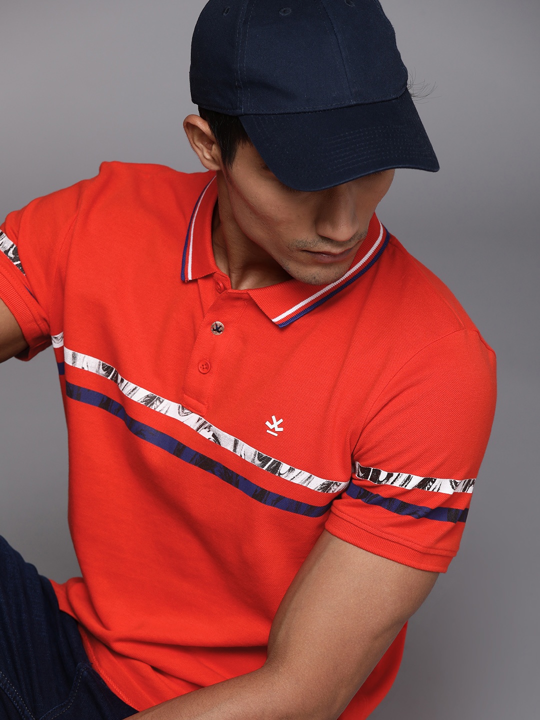 

WROGN Men Red Striped Polo Collar Slim Fit Pure Cotton T-shirt