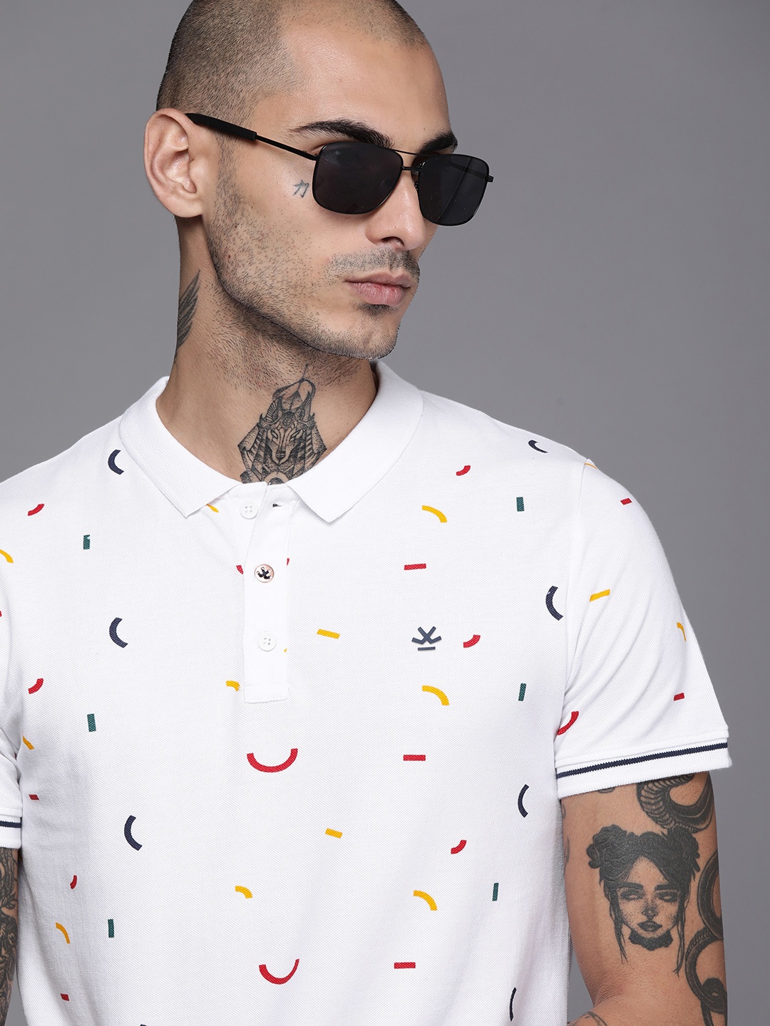 

WROGN Men White Cotton Printed Polo Collar Slim Fit T-shirt