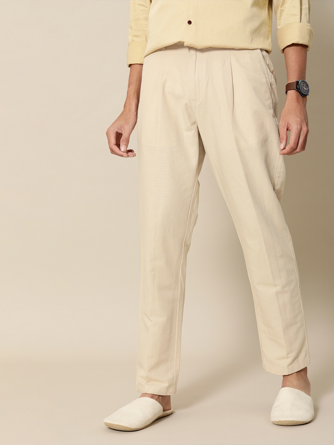 

Mr Bowerbird Men Beige Liberal Fit Pleated Trousers