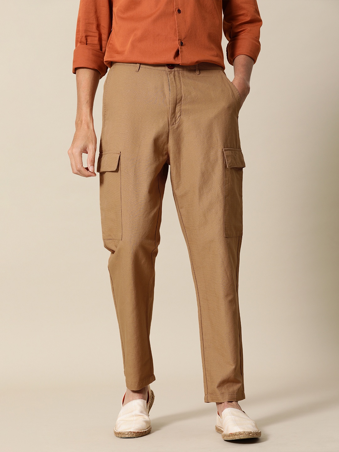

Mr Bowerbird Men Camel Brown Liberal Fit Cotton Linen Cargo Trousers with Notepad