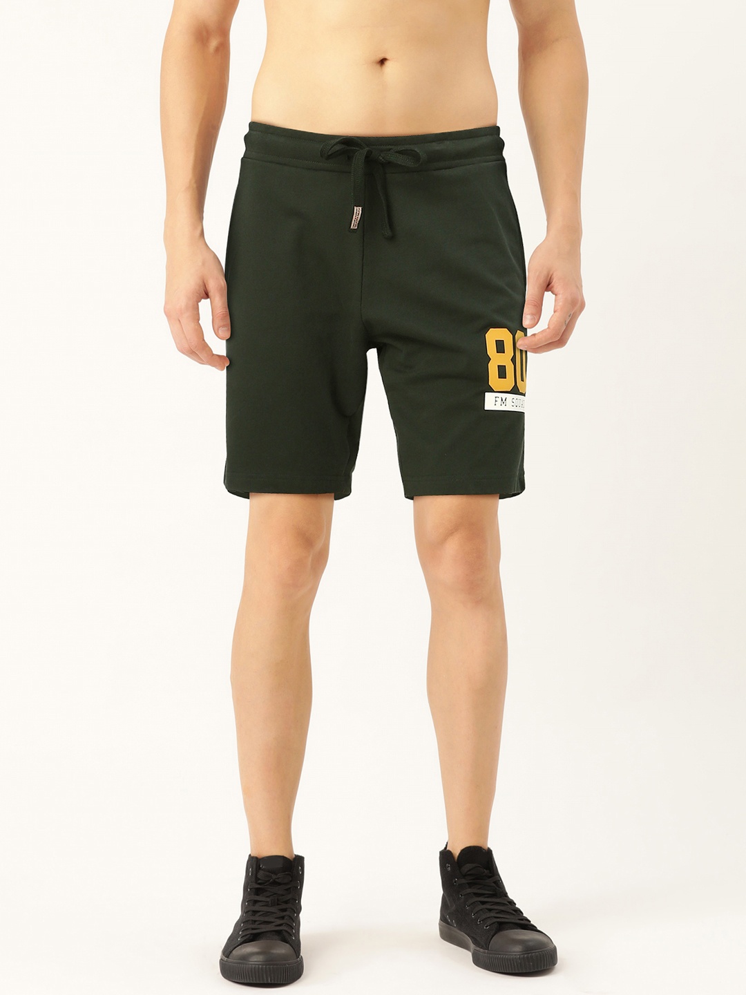 

Flying Machine Men Green Solid Regular Fit Regular Shorts with Printed Detailing