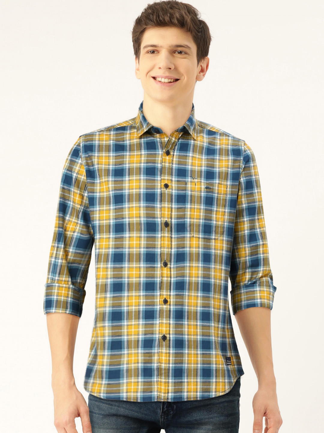 

Flying Machine Men Yellow & Blue Slim Fit Checked Casual Shirt