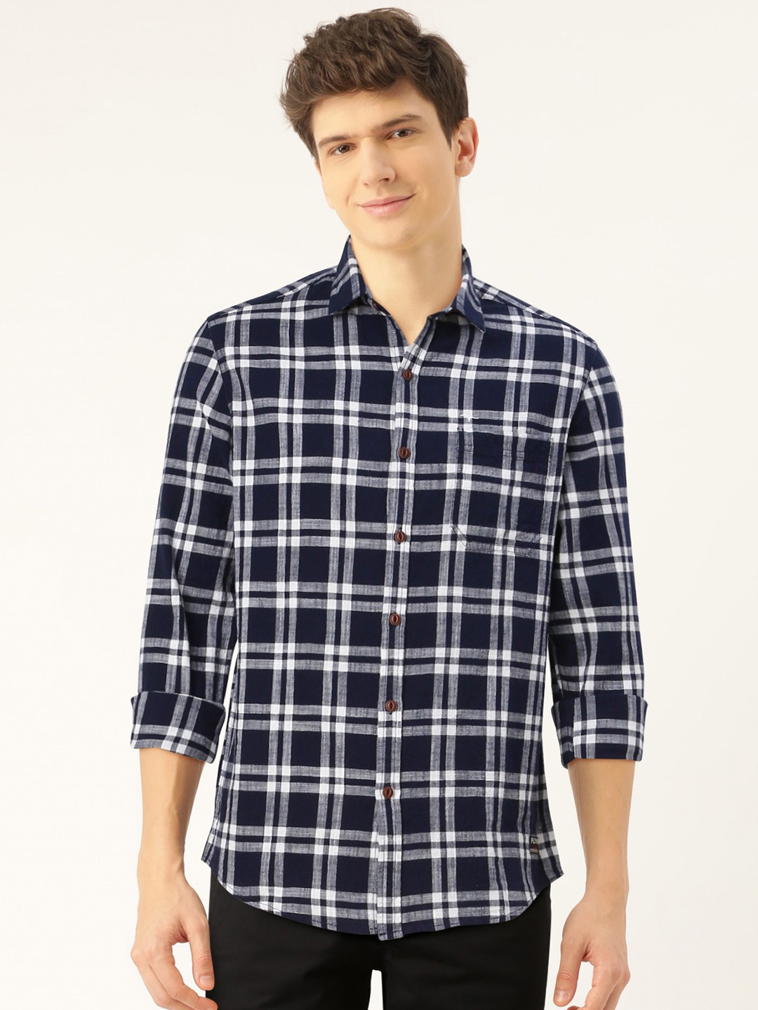 

Flying Machine Men Navy Blue & White Checked Pure Cotton Regular Fit Casual Shirt