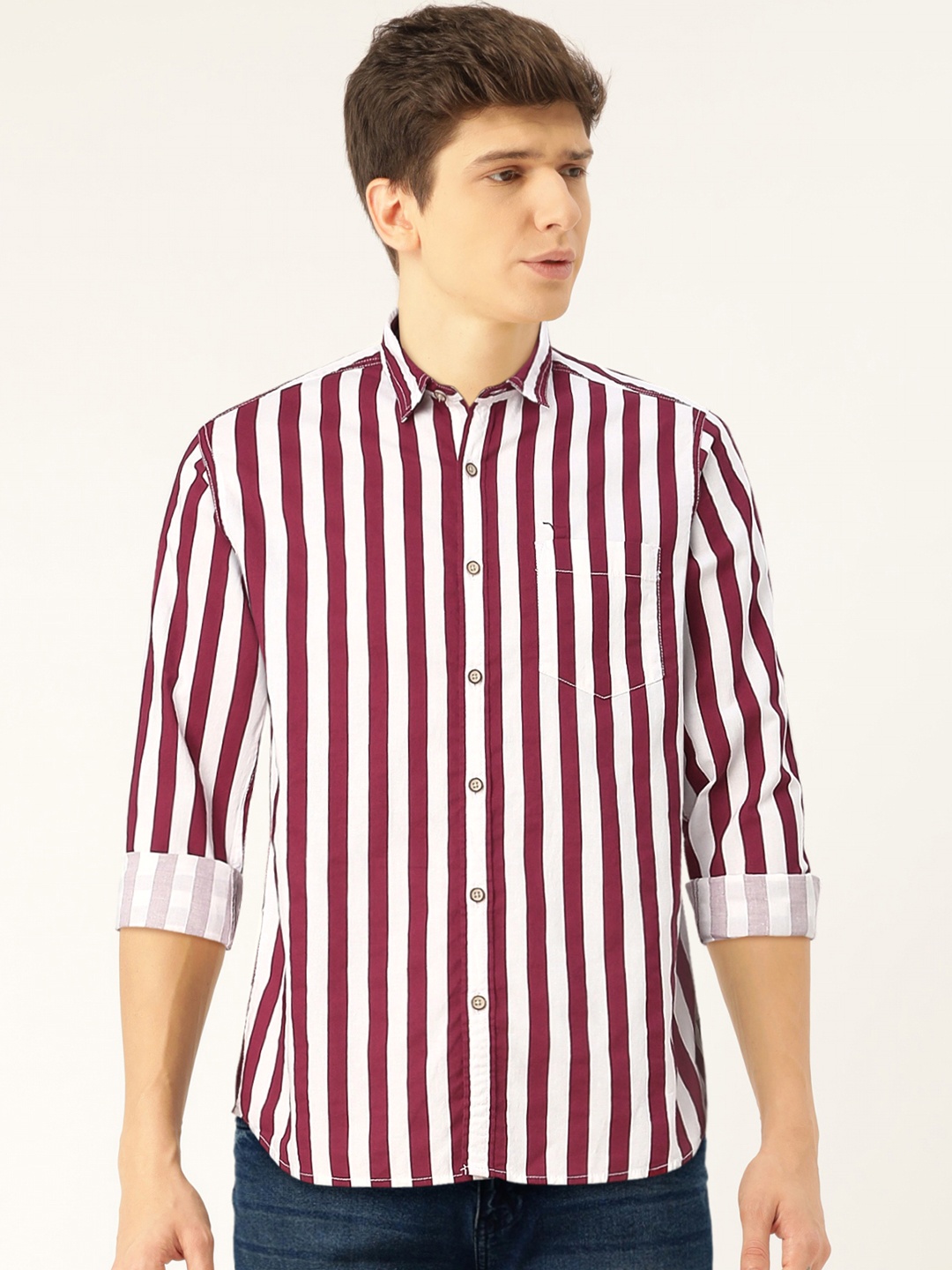 

Flying Machine Men Maroon & White Regular Fit Striped Casual Shirt