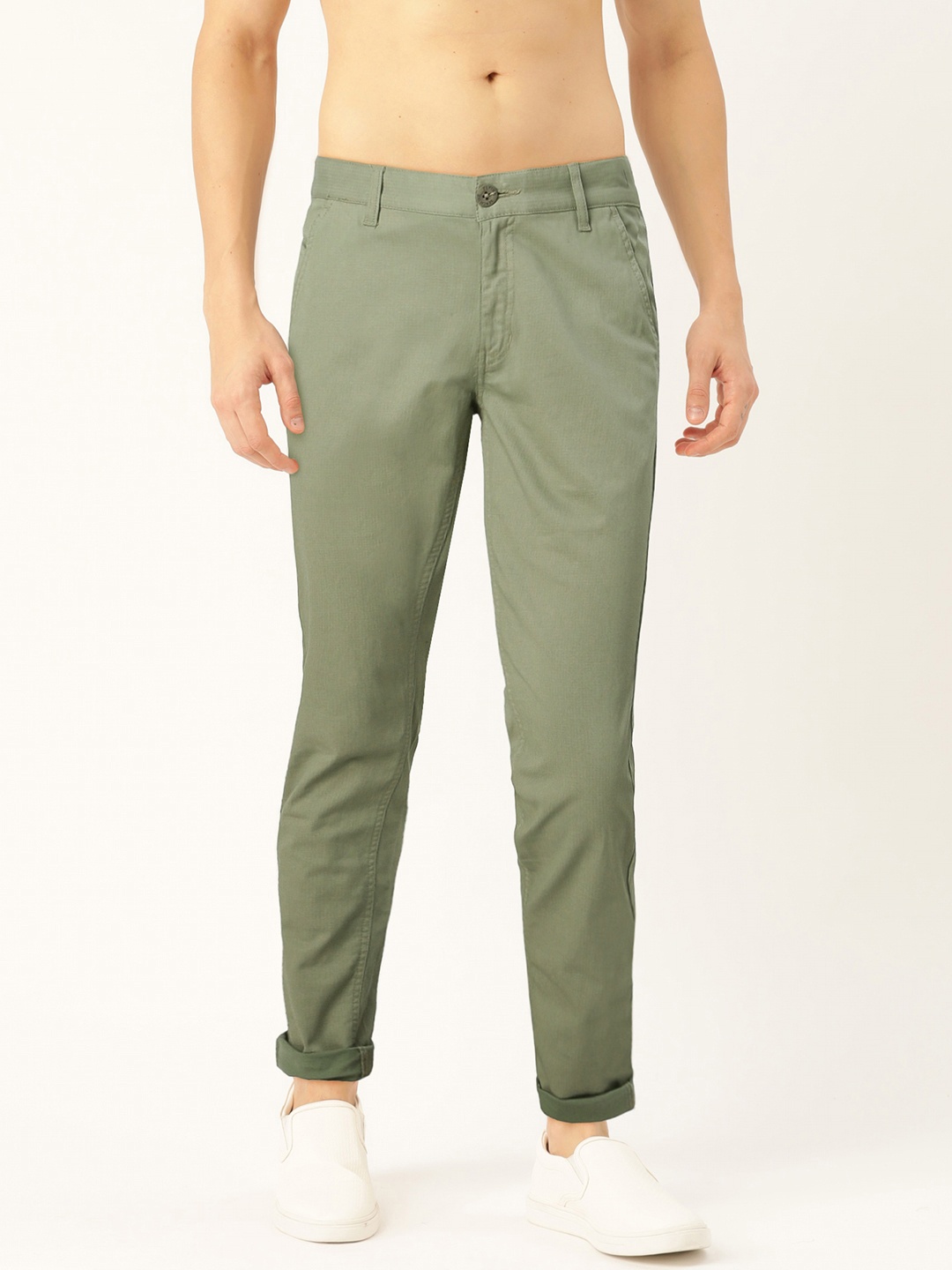 

Flying Machine Men Olive Green Slim Fit Checked Regular Trousers