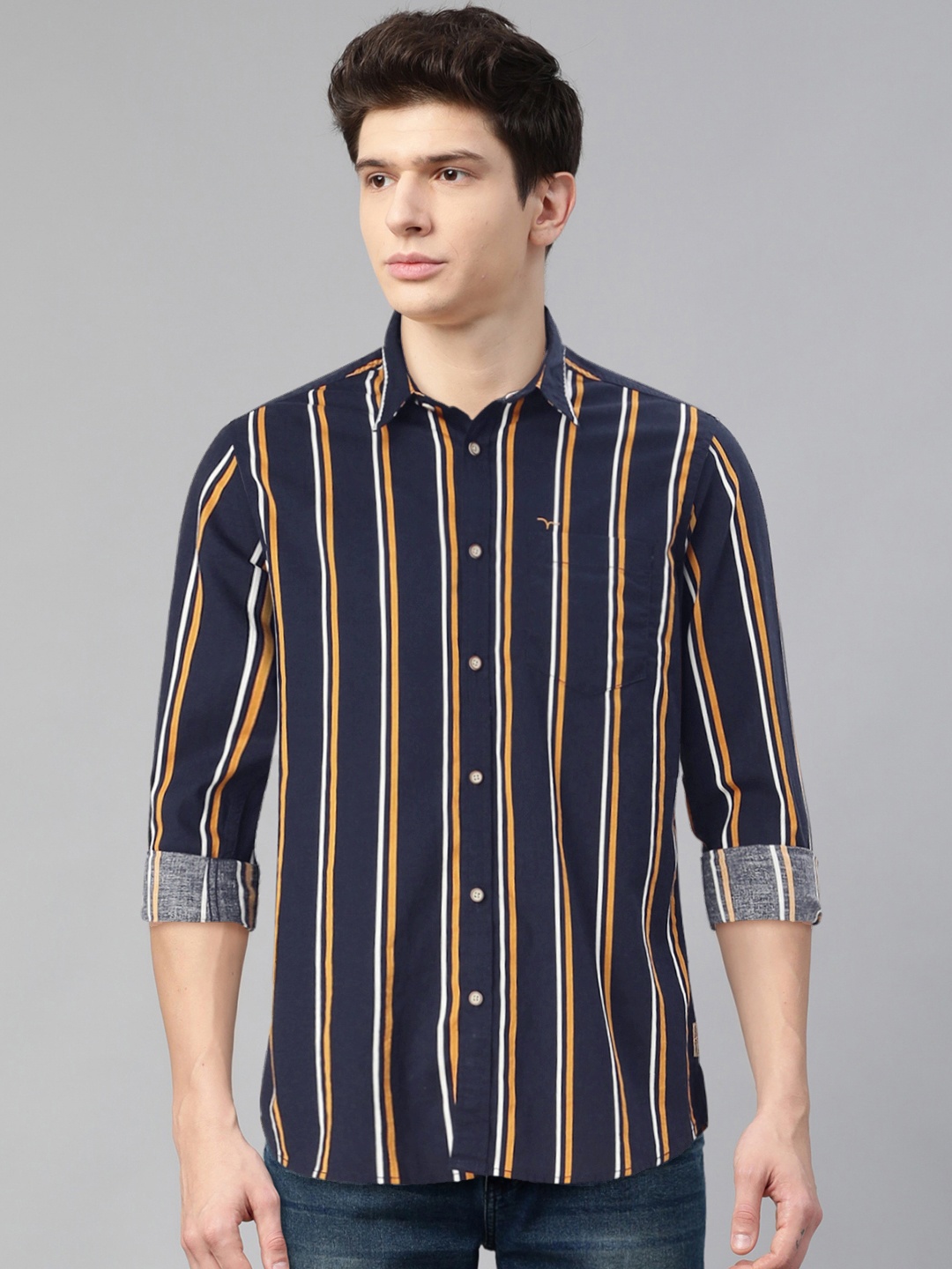 

Flying Machine Men Navy Blue & Mustard Yellow Regular Fit Striped Casual Shirt
