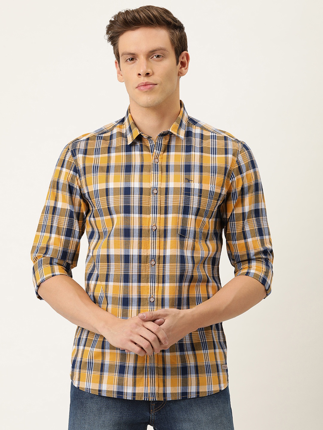 

Flying Machine Men Yellow & Navy Blue Regular Fit Checked Casual Shirt