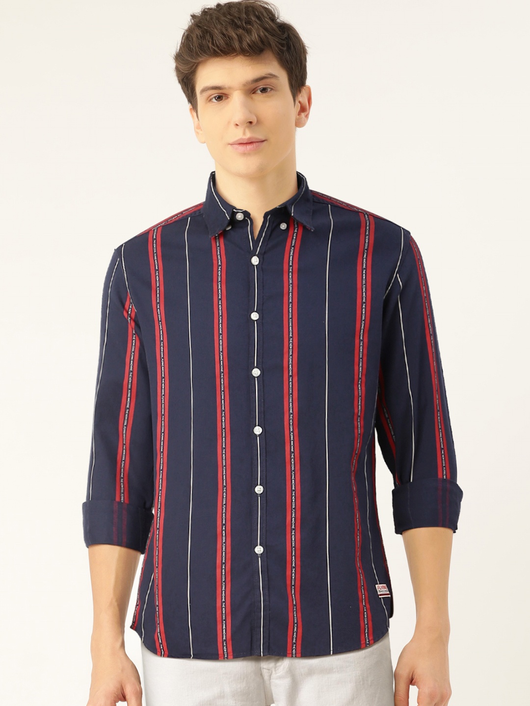 

Flying Machine Men Navy Blue & Red Striped Pure Cotton Regular Fit Casual Shirt