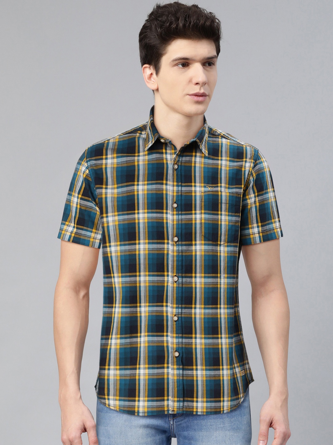 

Flying Machine Men Teal Blue & Yellow Regular Fit Checked Casual Shirt