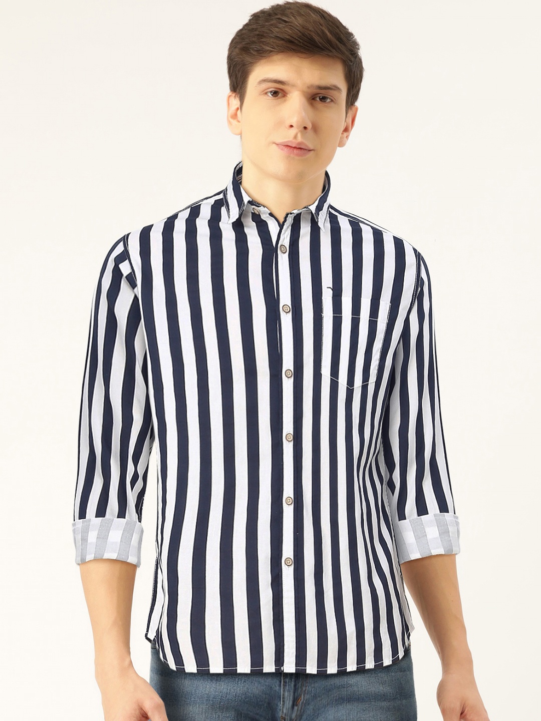 

Flying Machine Men Navy Blue & White Slim Fit Striped Casual Shirt