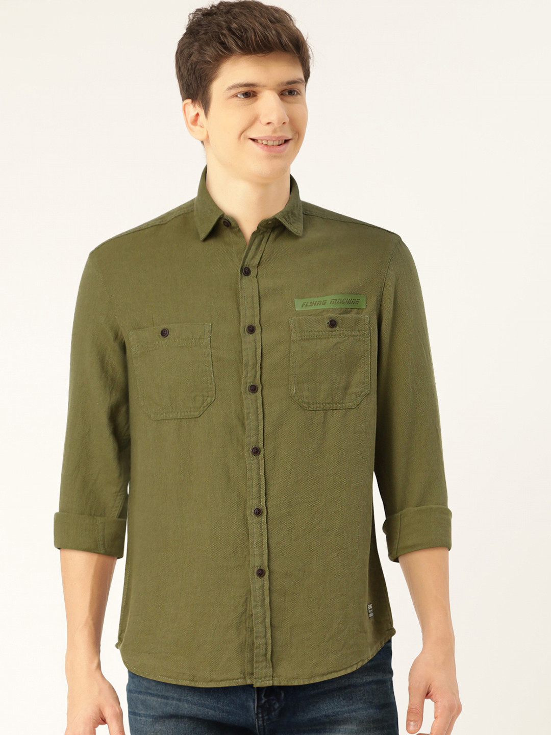 

Flying Machine Men Olive Green Slim Fit Self Design Casual Shirt