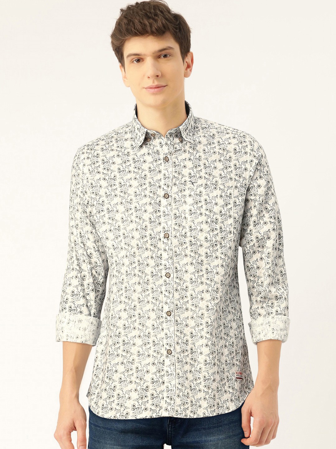 

Flying Machine Men Cream-Coloured & Blue Slim Fit Printed Casual Shirt