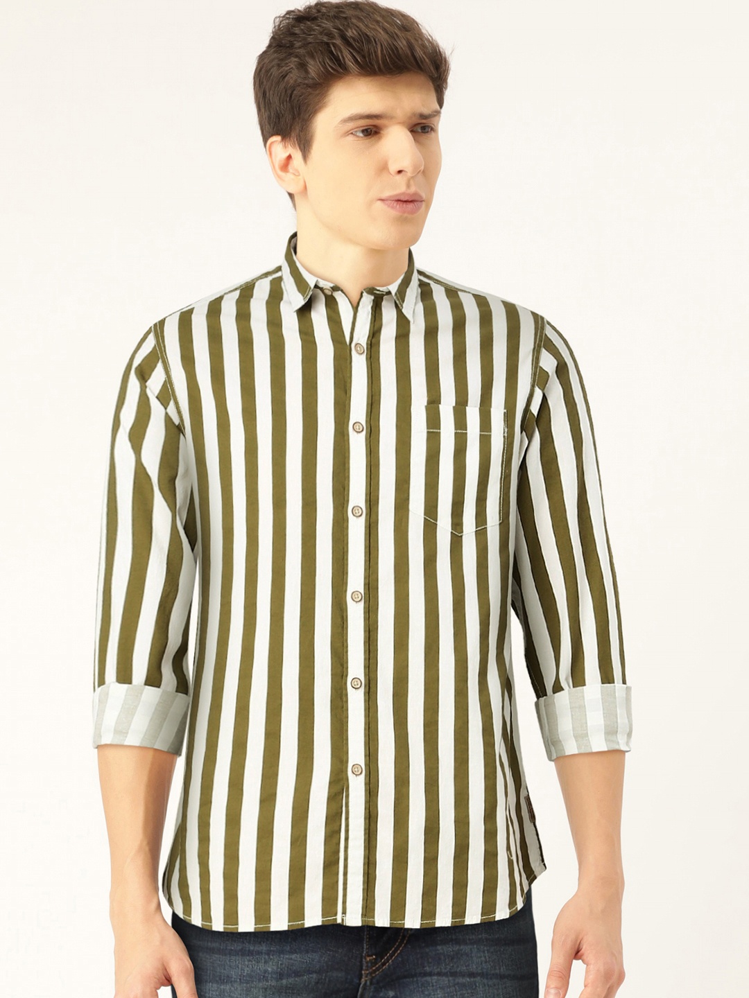 

Flying Machine Men Olive Green & White Slim Fit Striped Casual Shirt