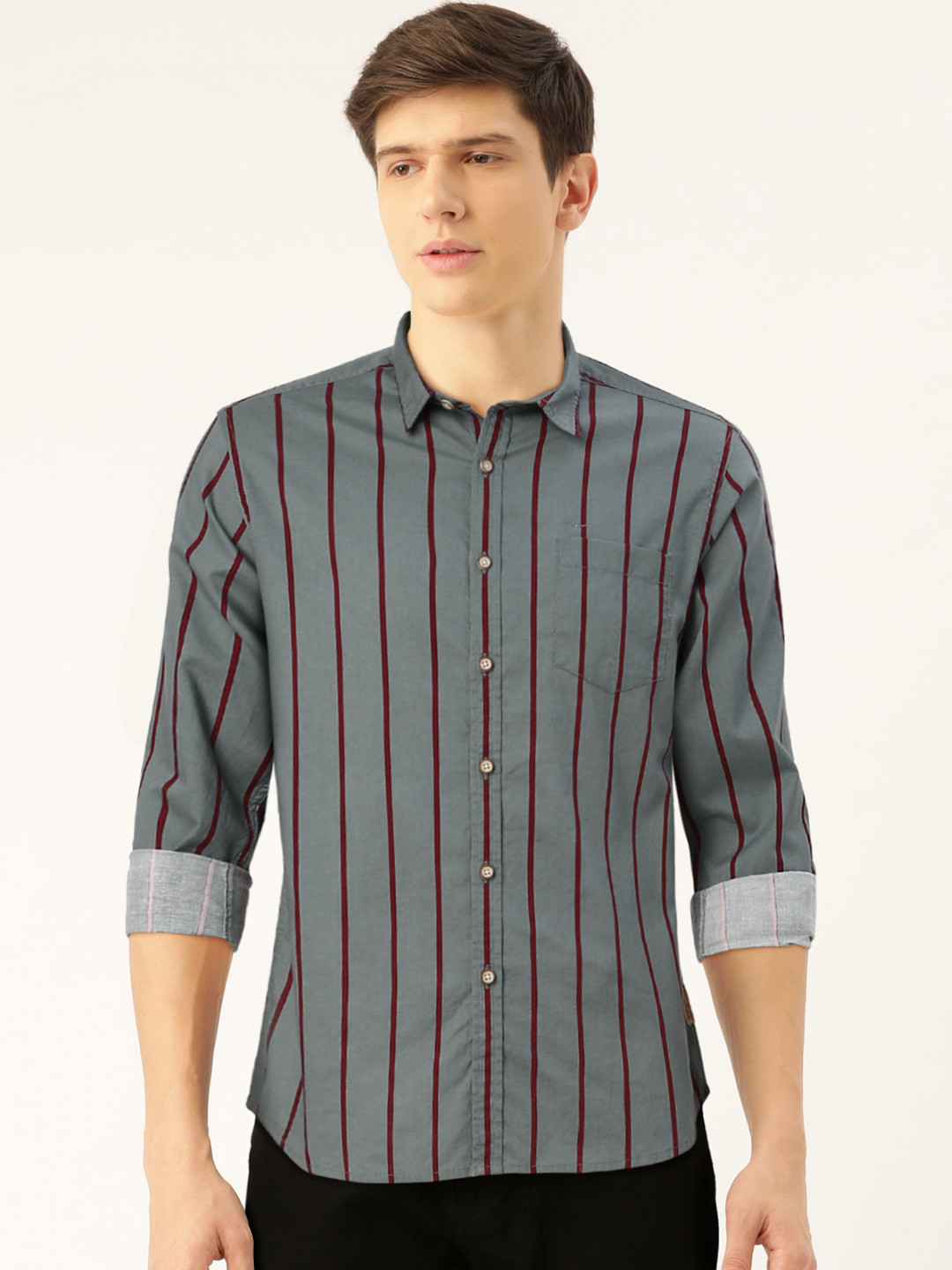 

Flying Machine Men Grey & Maroon Slim Fit Striped Casual Shirt