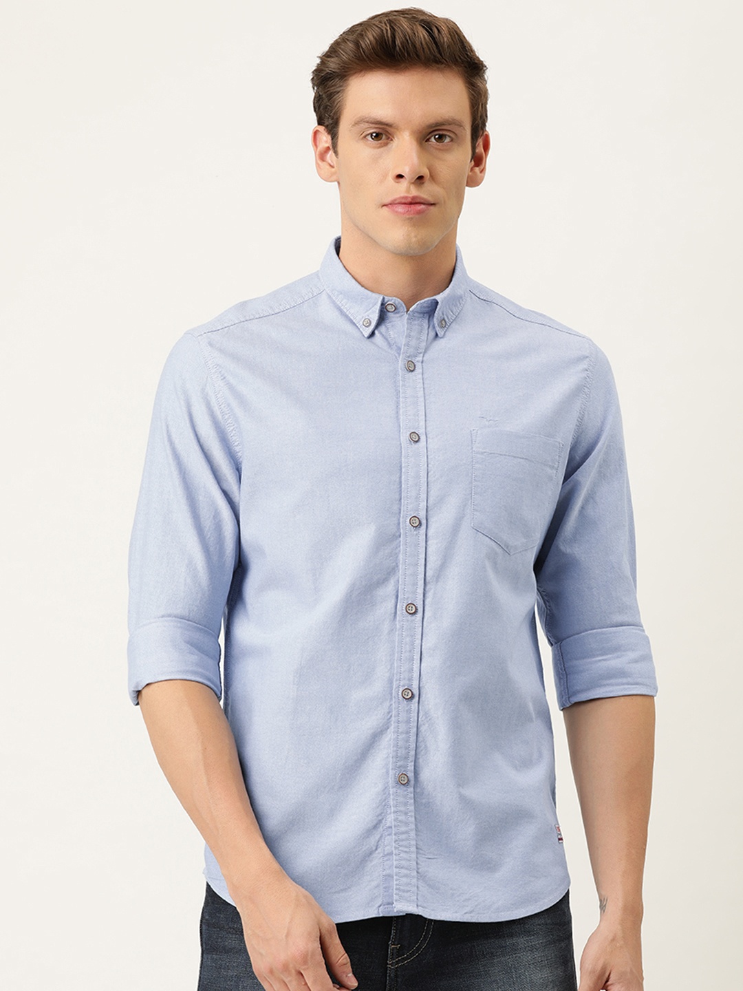 

Flying Machine Men Blue Cotton Slim Fit Solid Casual Shirt
