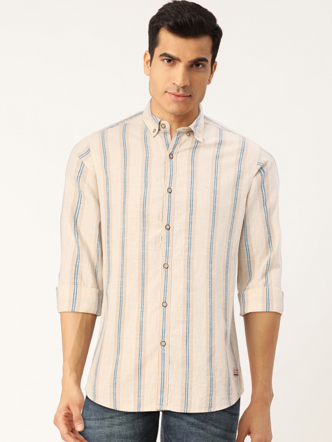 

Flying Machine Men Beige Striped Pure Cotton Regular Fit Casual Shirt