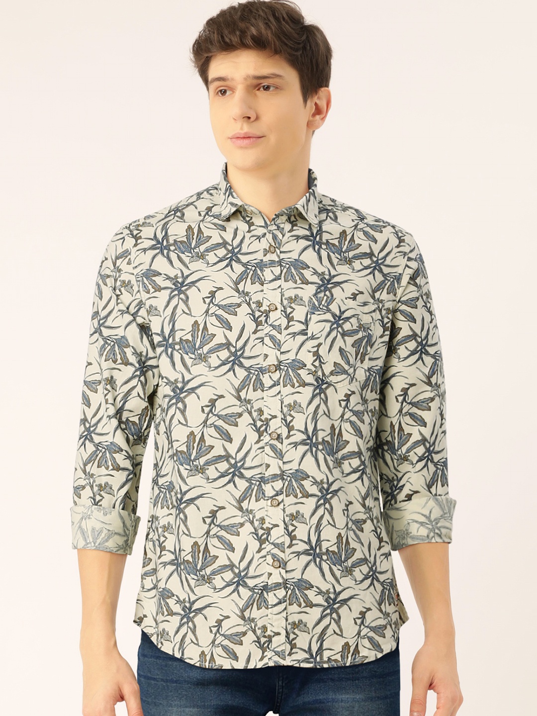 

Flying Machine Men Cream-Coloured Slim Fit Printed Casual Shirt