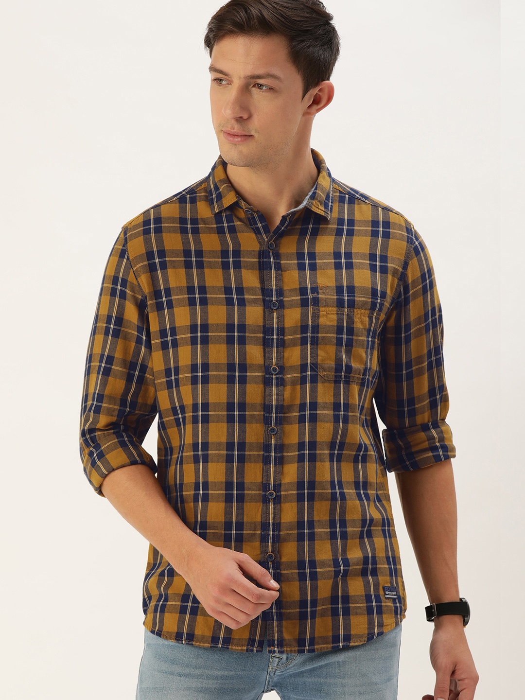 

Flying Machine Men Mustard Yellow & Navy Blue Slim Fit Checked Casual Shirt