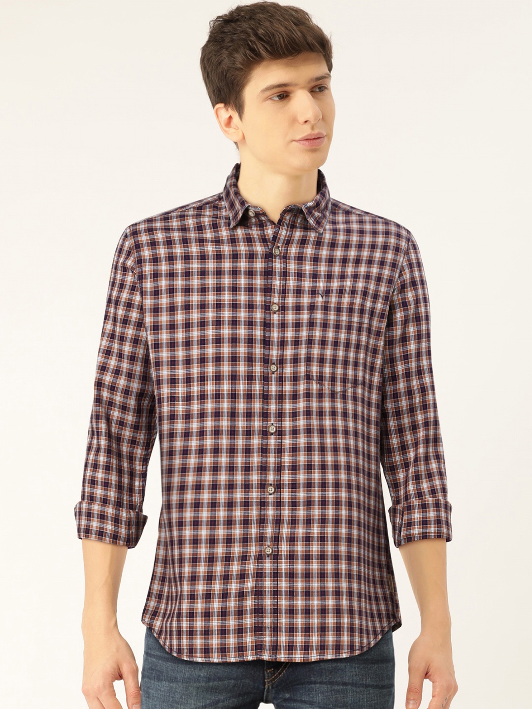 

Flying Machine Men Navy Blue & Brown Regular Fit Checked Casual Shirt
