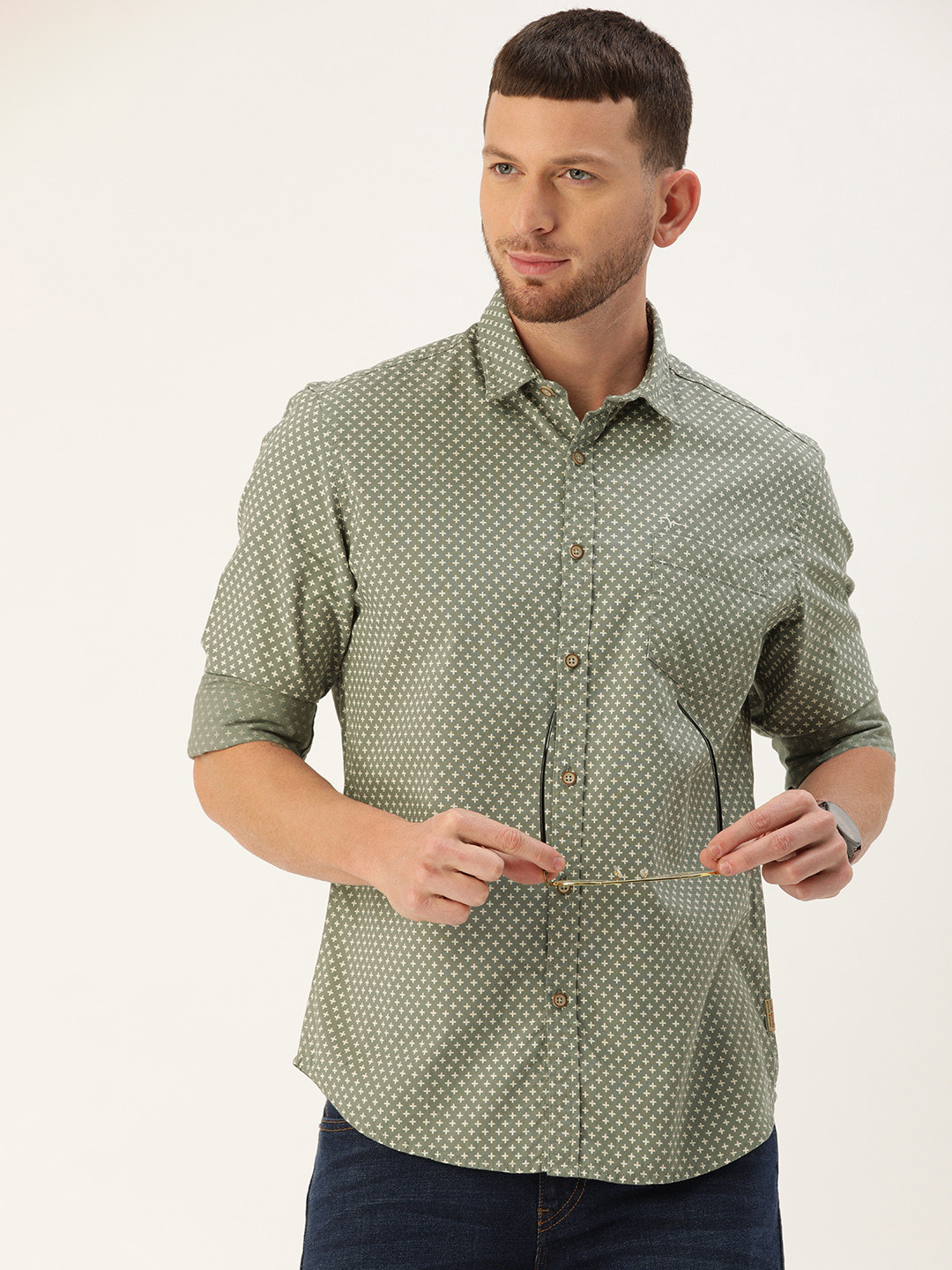 

Flying Machine Men Olive Green & Off-White Slim Fit Printed Casual Shirt