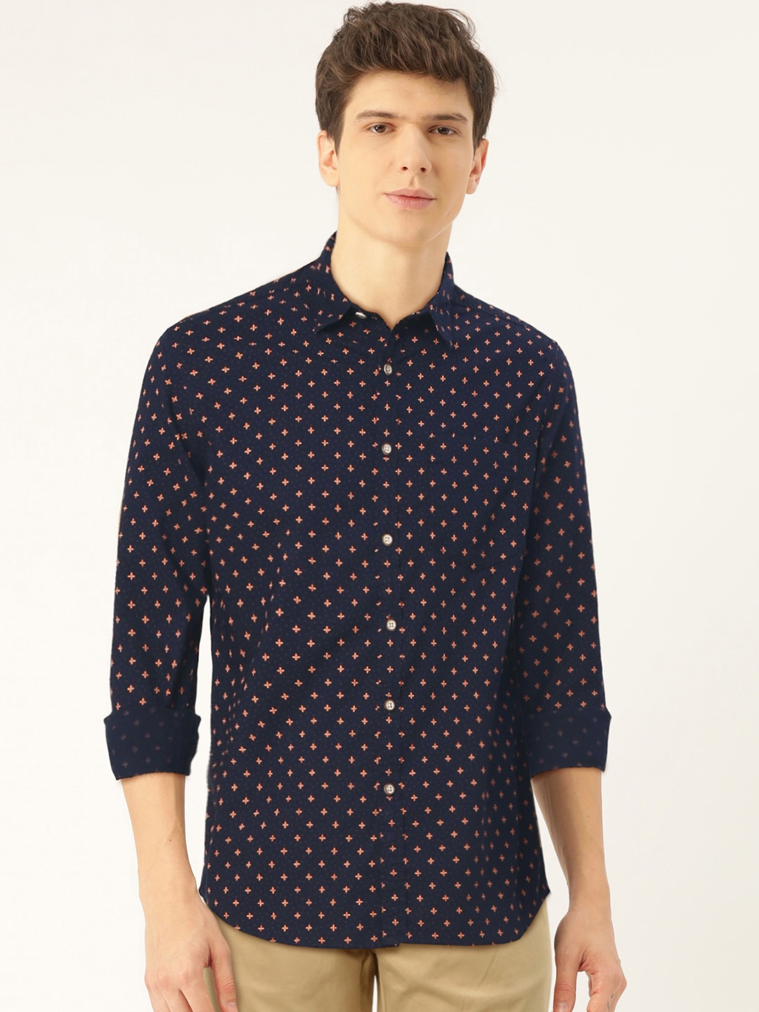 

Flying Machine Men Navy Blue & Yellow Slim Fit Printed Casual Shirt