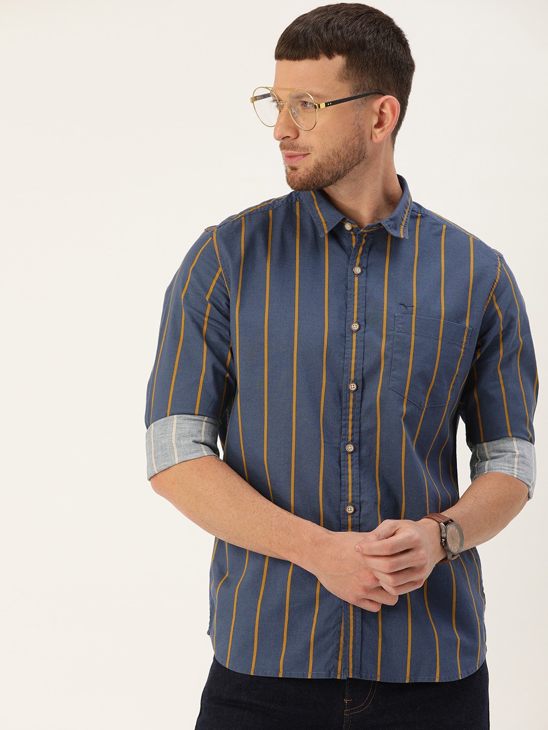 

Flying Machine Men Navy Blue & Yellow Slim Fit Striped Casual Shirt