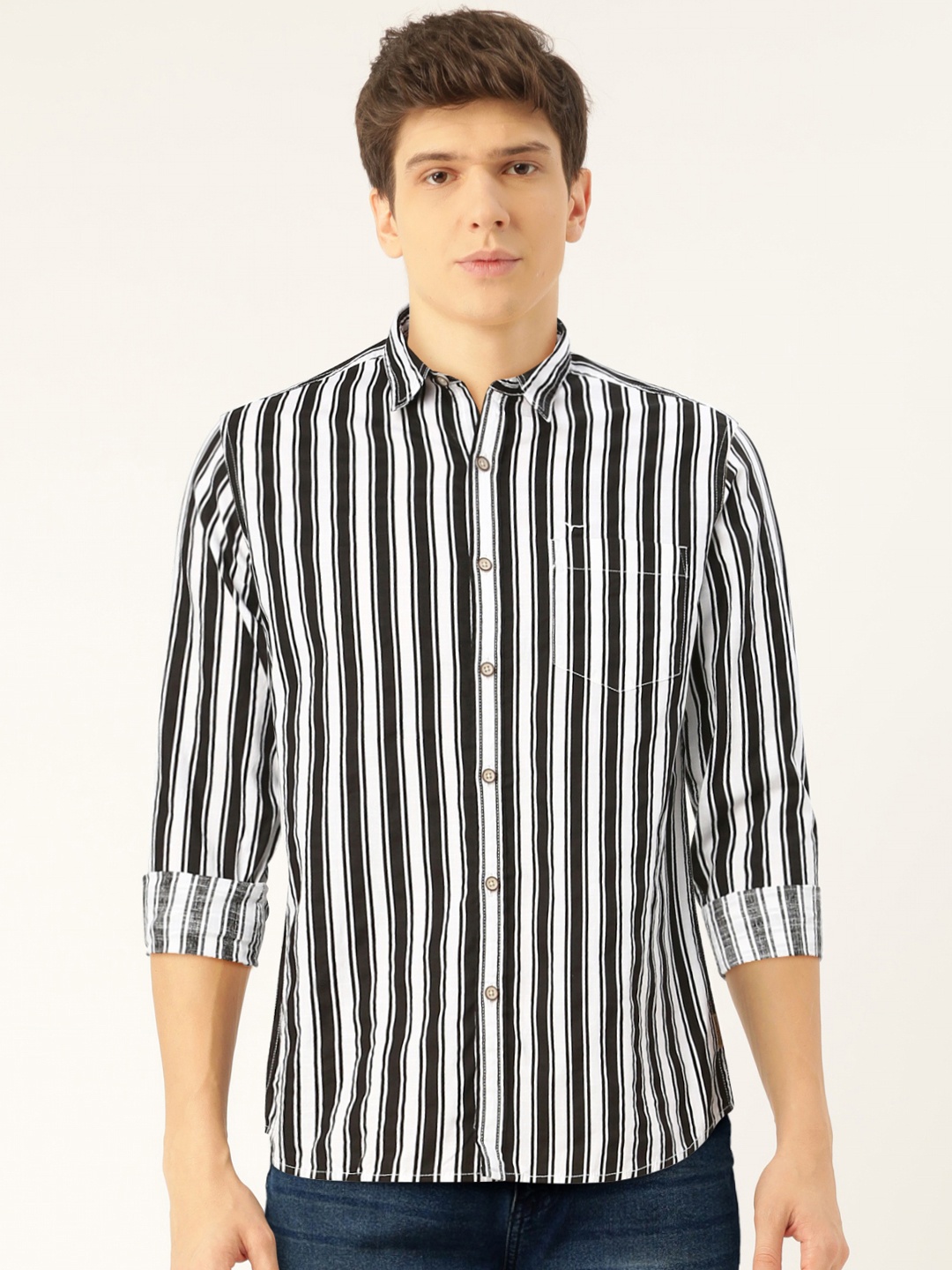 

Flying Machine Men Black & White Slim Fit Striped Casual Shirt