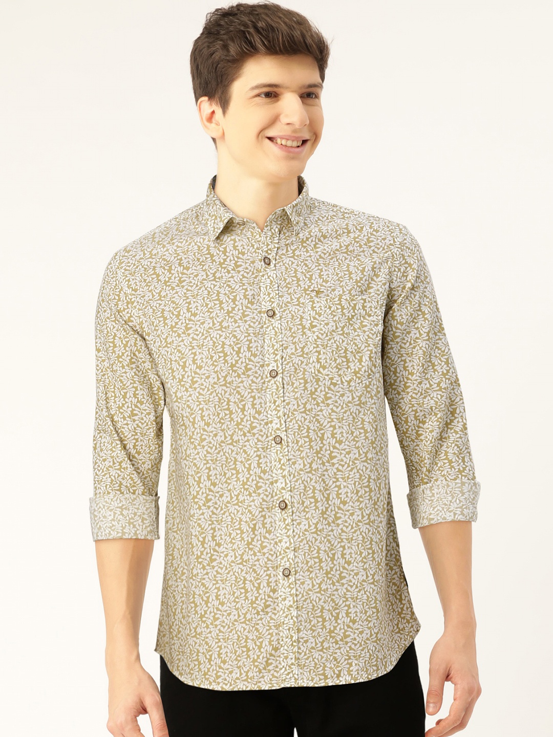 

Flying Machine Men Olive Green & White Slim Fit Printed Casual Shirt