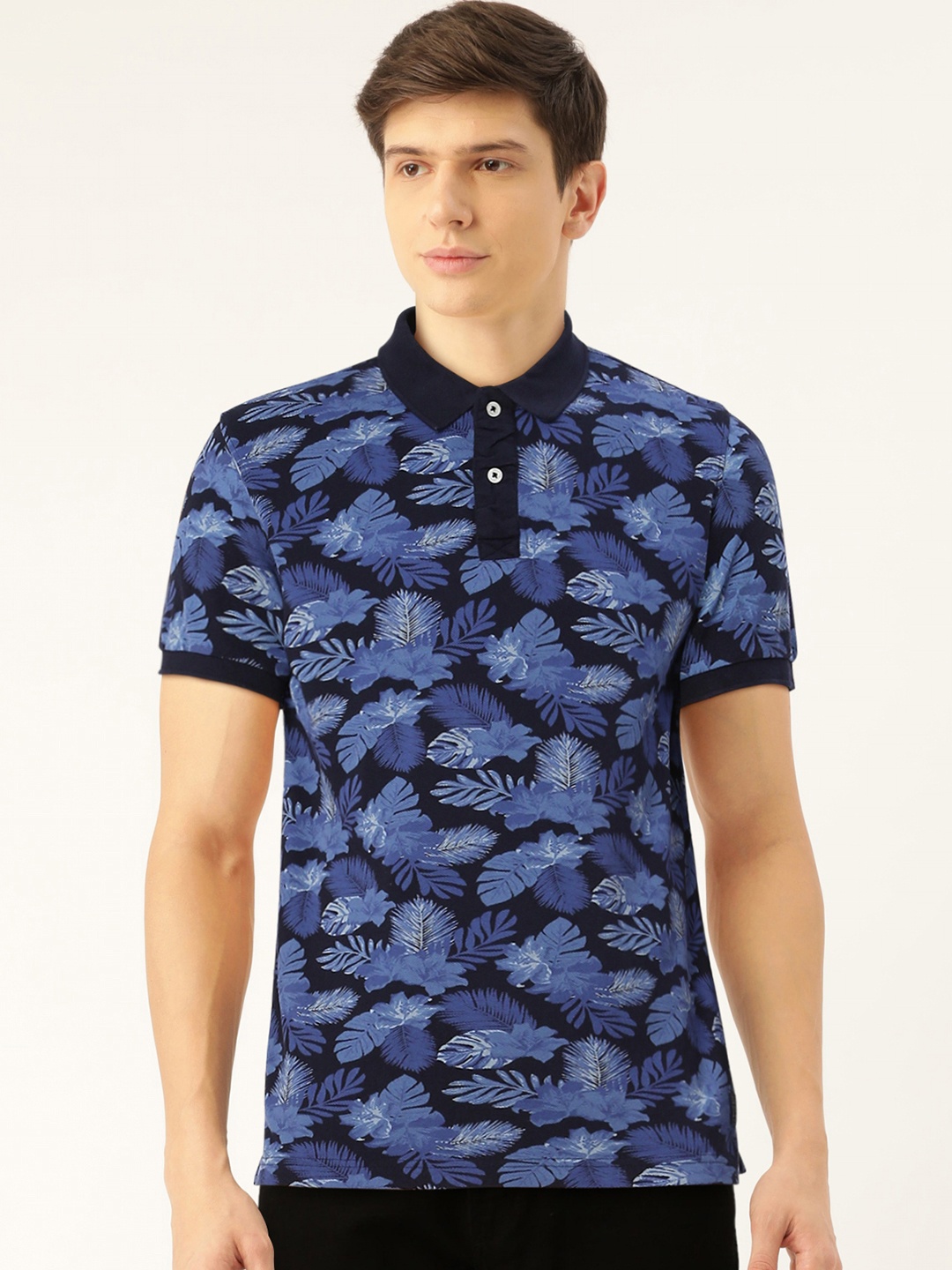 

Flying Machine Men Navy Blue Printed Polo Collar Pure Cotton T-shirt