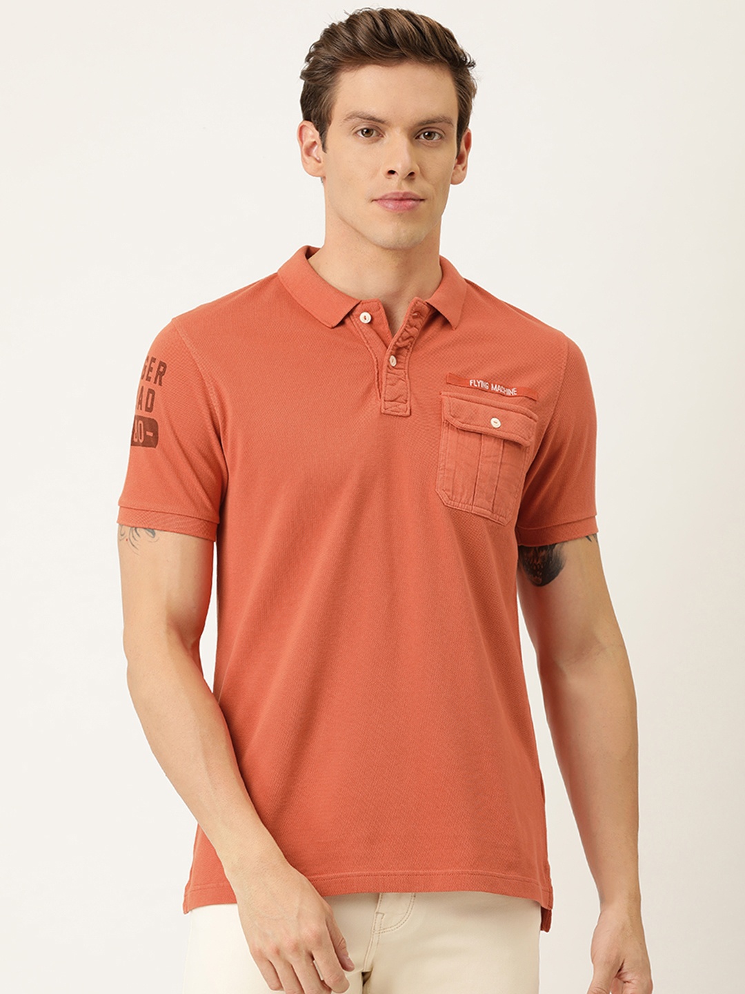 

Flying Machine Men Coral Red Solid Polo Collar Pure Cotton T-shirt