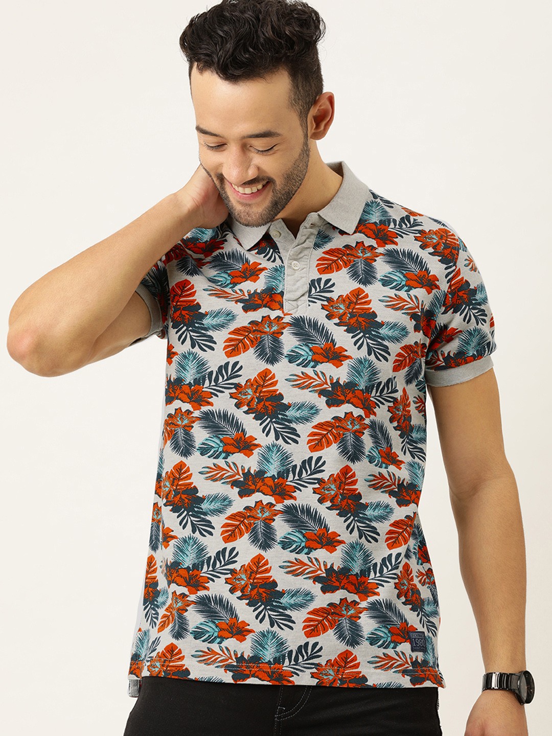 

Flying Machine Men Grey & Blue Tropical Print Polo Collar T-shirt