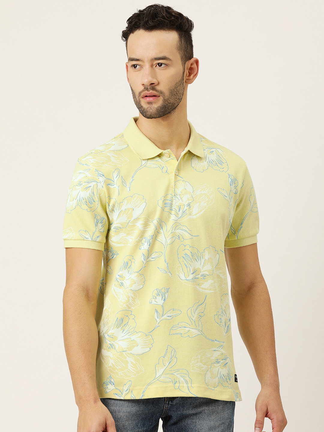 

Flying Machine Men Yellow Blue Printed Polo Collar Pure Cotton T-shirt