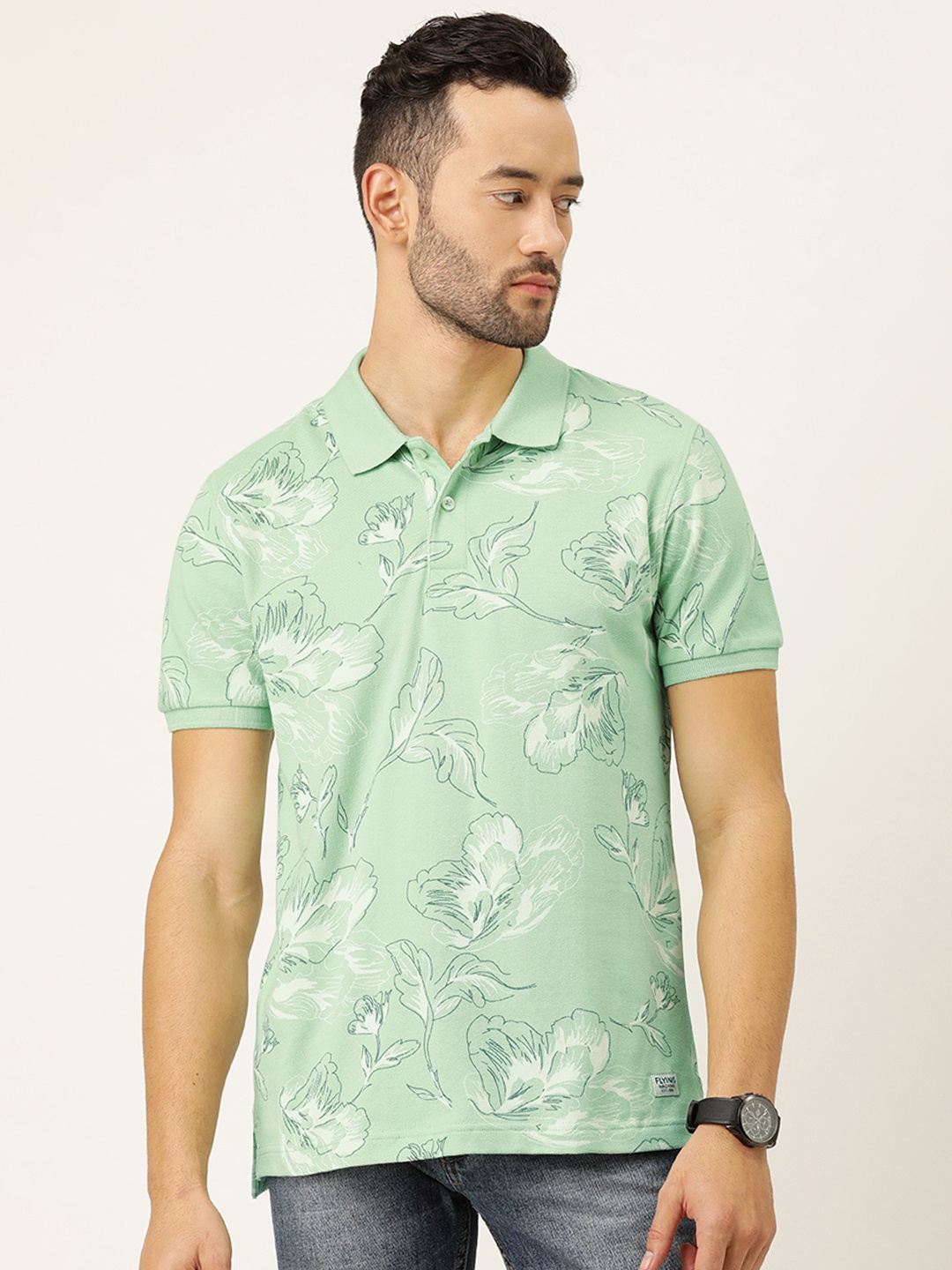 

Flying Machine Men Green White Printed Polo Collar Pure Cotton T-shirt