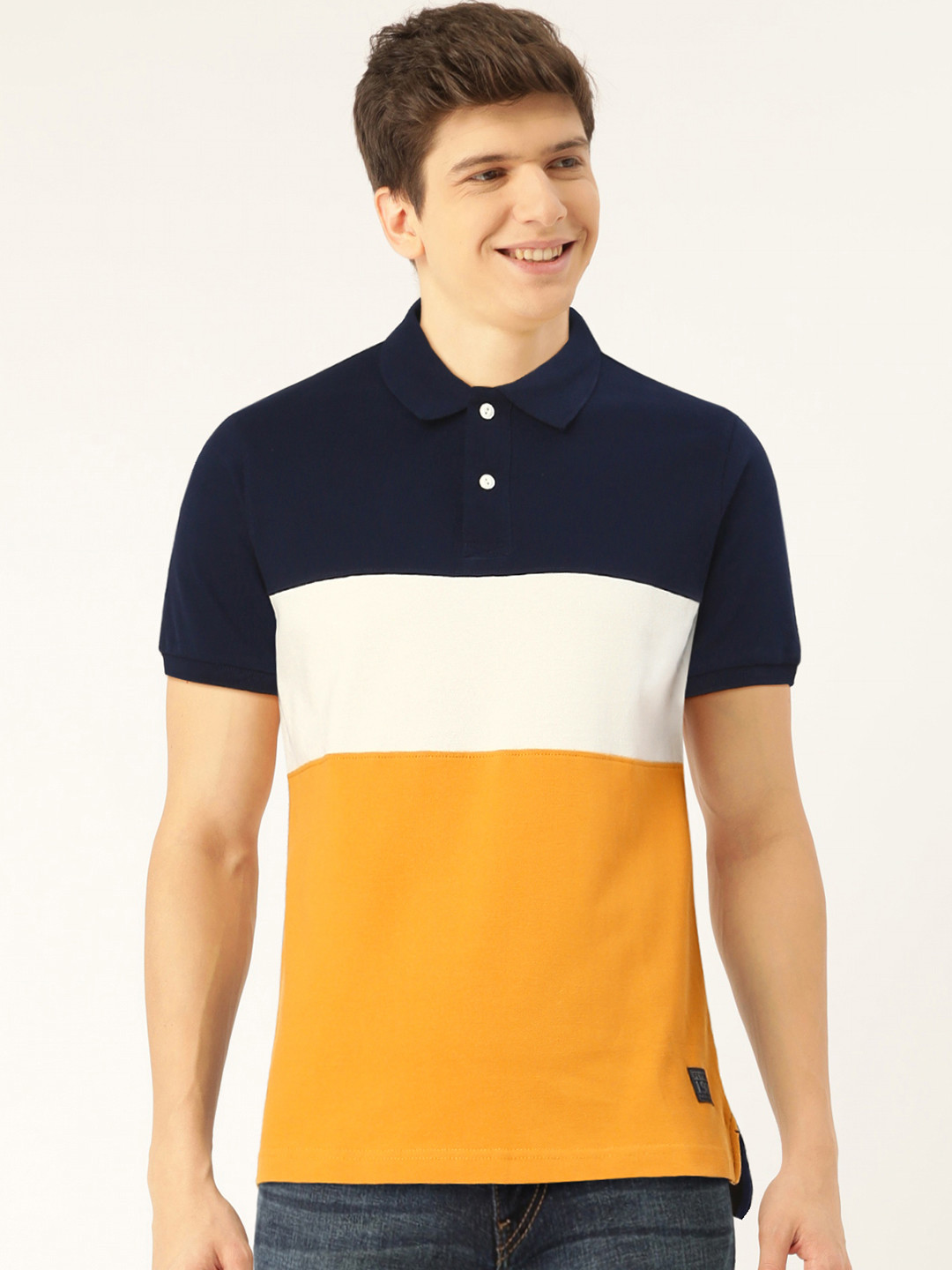 

Flying Machine Men Navy Blue Mustard Yellow Colourblocked Polo Collar Pure Cotton T-shirt