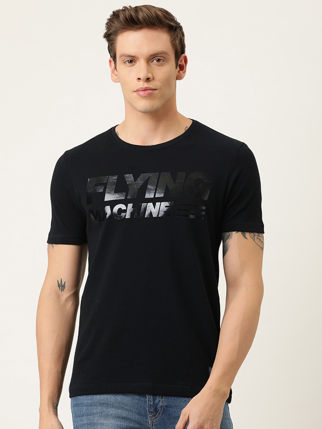 

Flying Machine Men Black Printed Round Neck Pure Cotton T-shirt