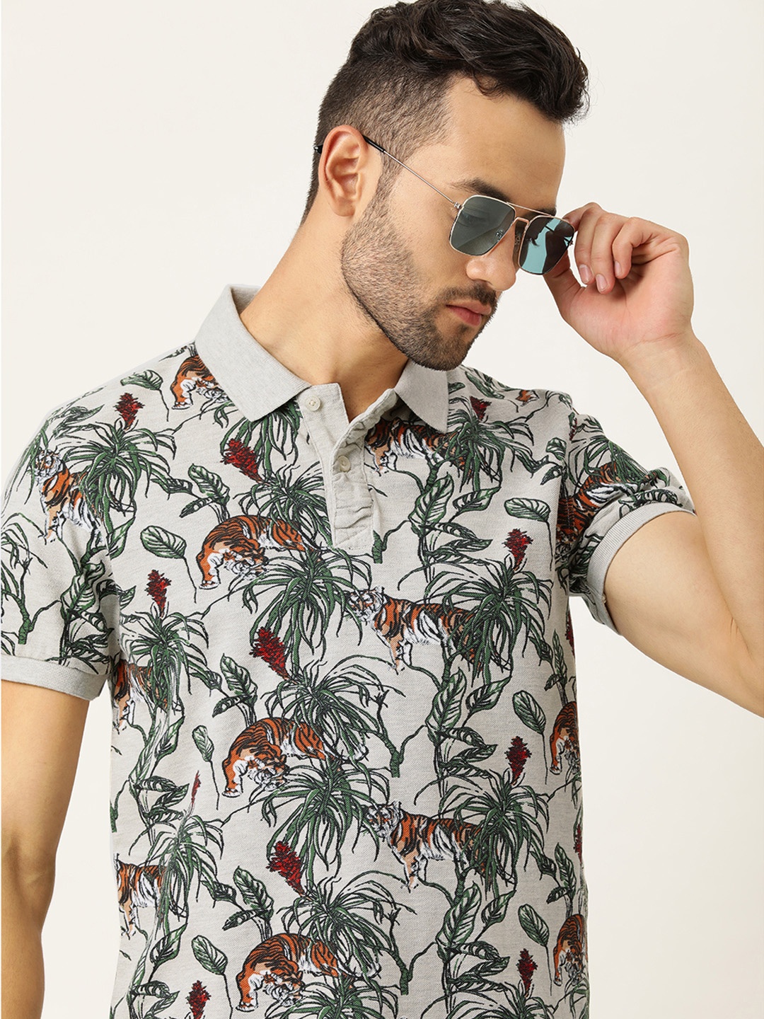 

Flying Machine Men Grey & Green Floral & Conversational Print Polo Collar T-shirt