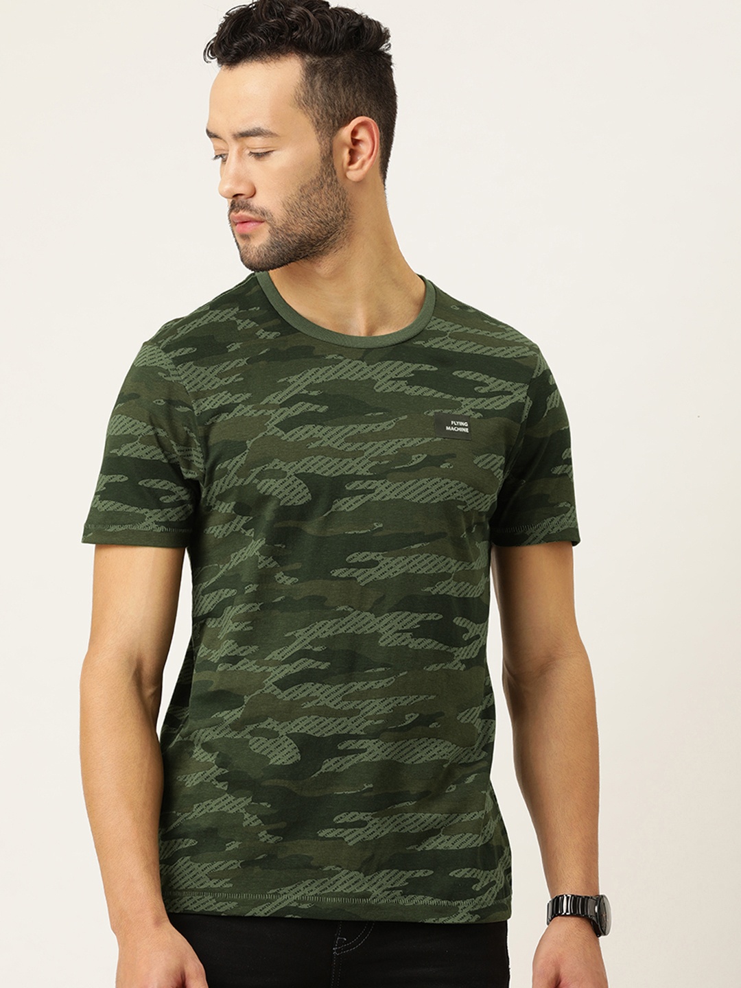 

Flying Machine Men Olive Green Camouflage Print Pure Cotton Round Neck T-shirt