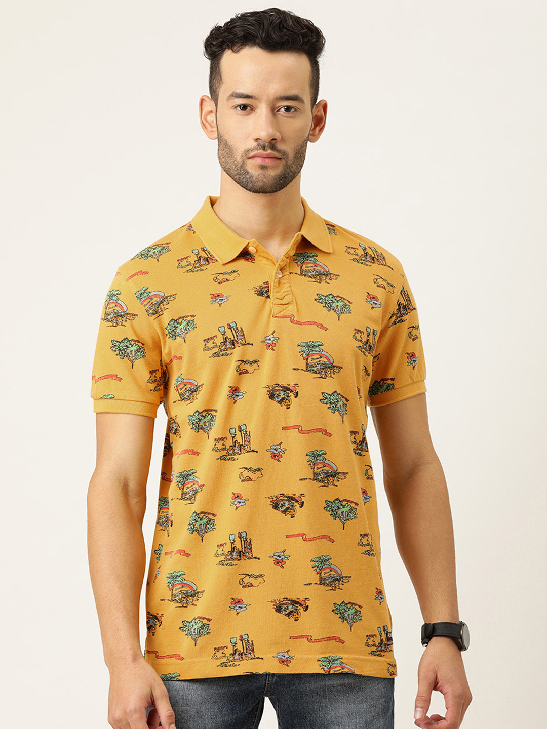 

Flying Machine Men Yellow Black Printed Polo Collar Pure Cotton T-shirt