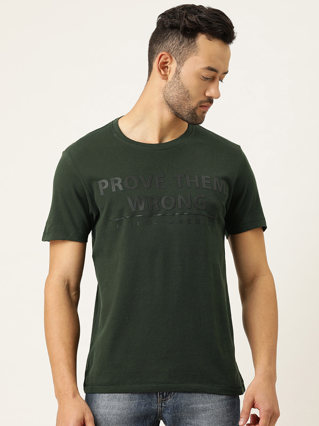 

Flying Machine Men Olive Green Printed Round Neck Pure Cotton T-shirt