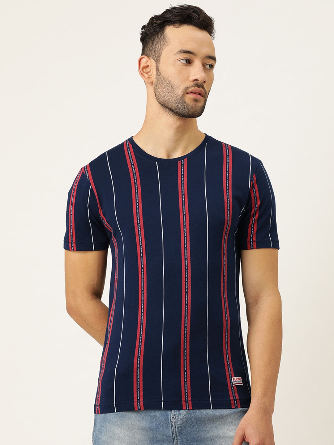 

Flying Machine Men Navy Blue Striped Round Neck Pure Cotton T-shirt