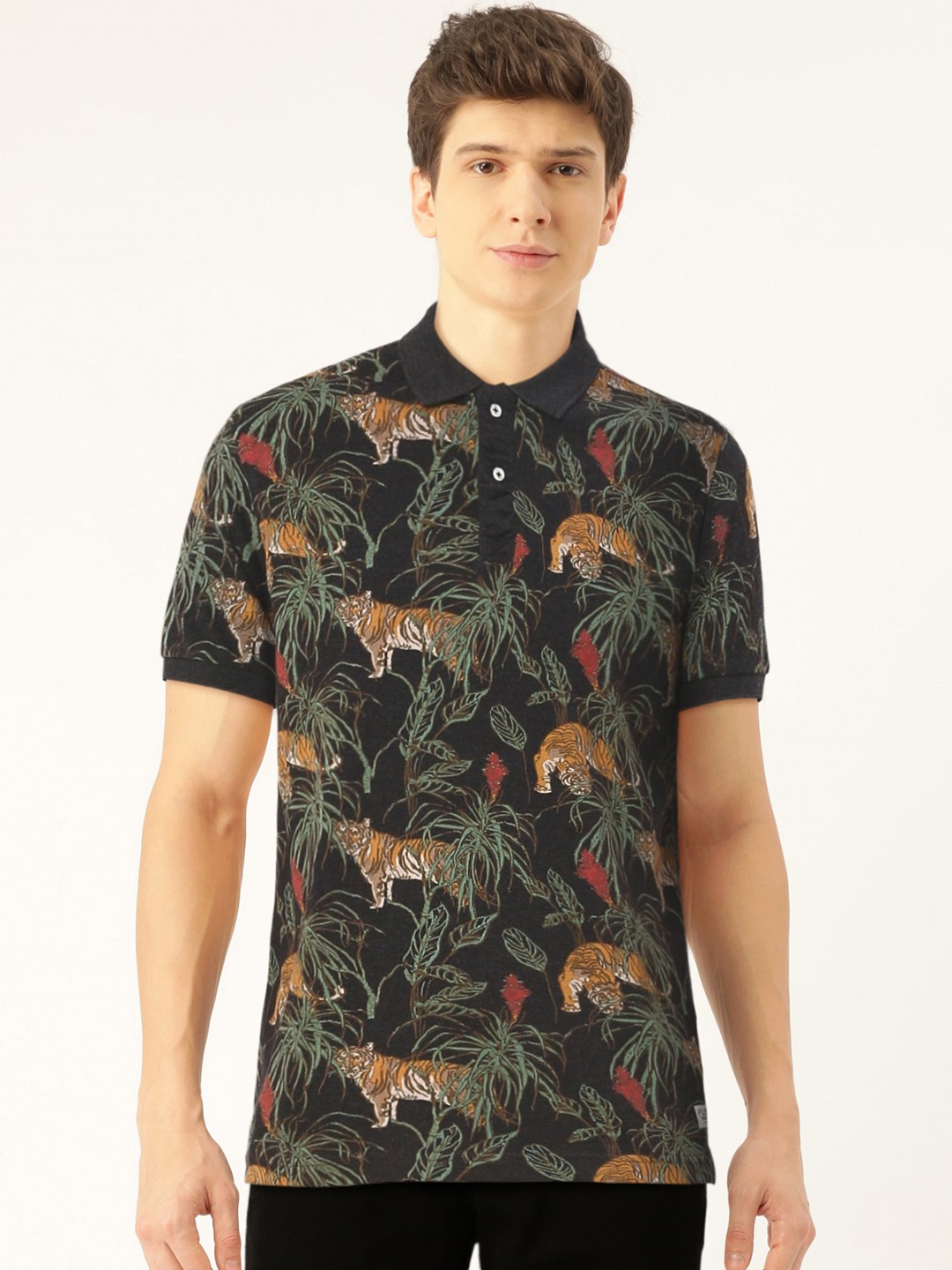 

Flying Machine Men Charcoal & Green Printed Polo Collar T-shirt